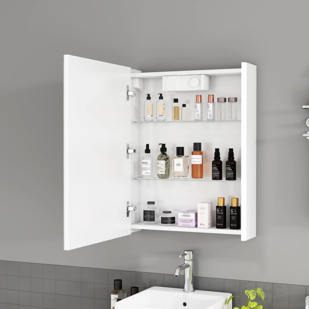 Mobile con specchio con 1 anta, LED e presa francese - per bagno - bianco