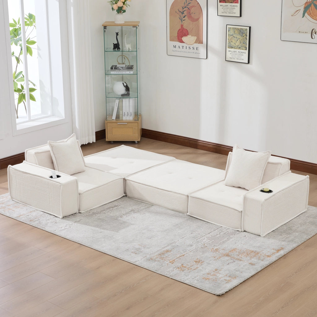 Divano modulare basso in velluto a coste beige con 2 cuscini e tasche laterali 162 × 78 × 66 cm
