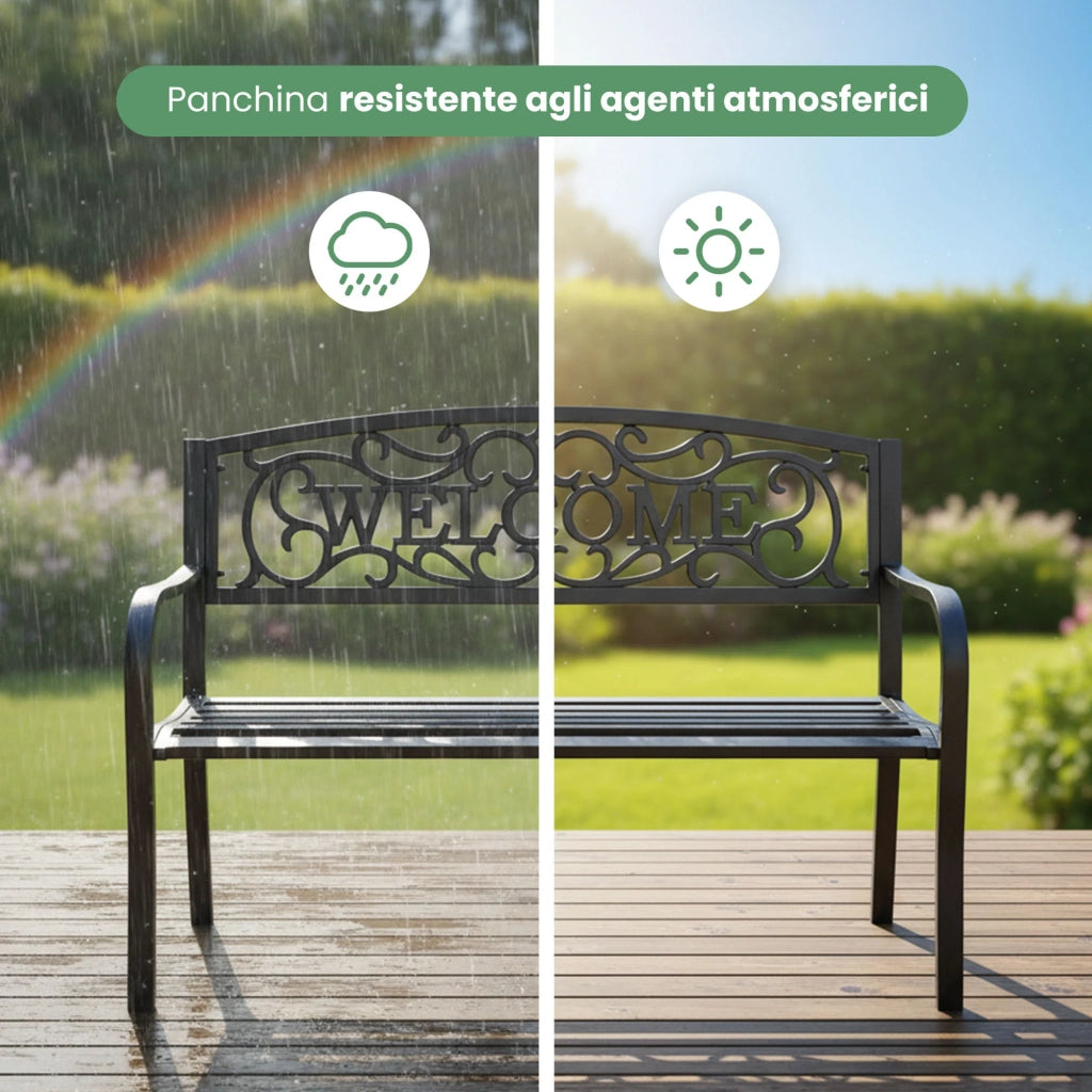 Panchina da giardino nera IRYS con gambe in acciaio e schienale in ghisa larghezza 127 cm
