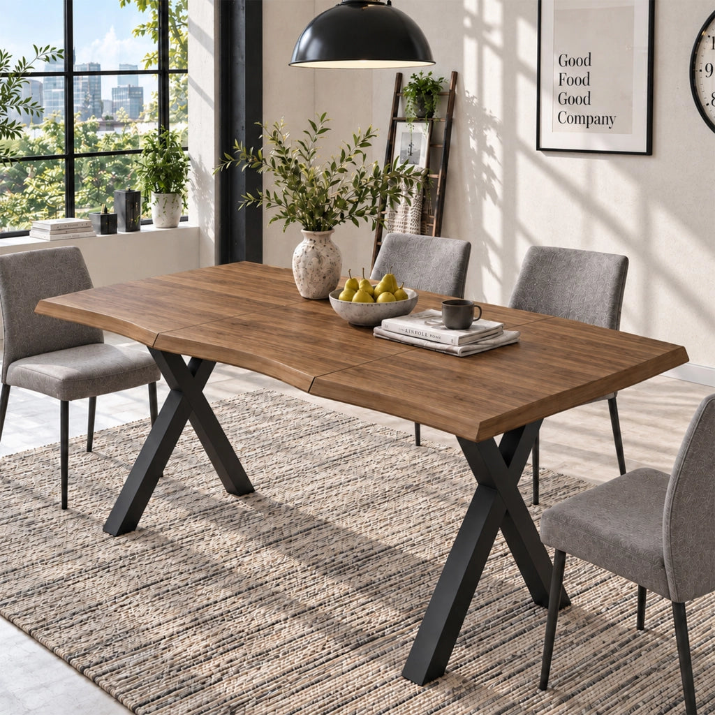 Tavolo da Pranzo 180x78 cm 4-6 Posti LEMONMAX; Piano MDF 28 mm con Bordi Ondulati; Gambe a X in Metallo; Finitura Effetto Noce; Portata 60 kg
