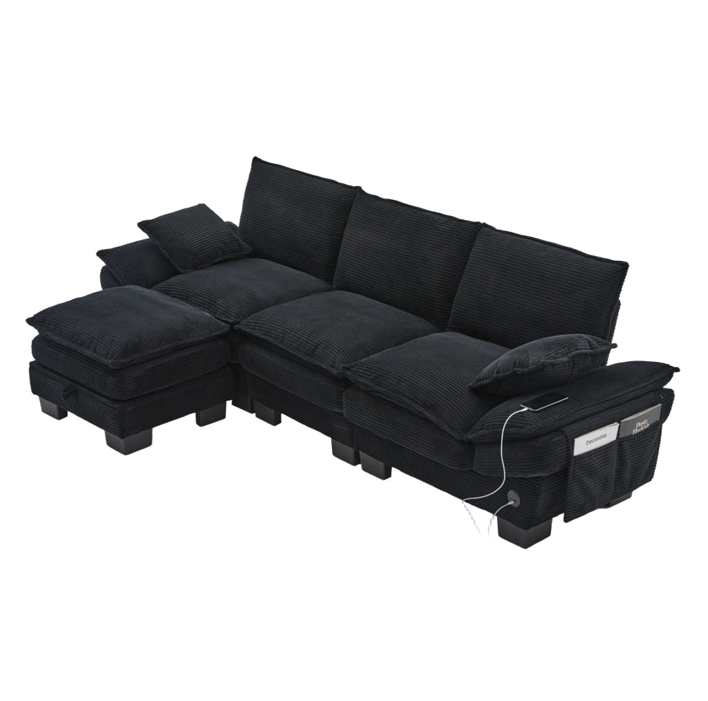 Divano modulare 3 posti 260x132x84 cm in velluto a coste nero con pouf