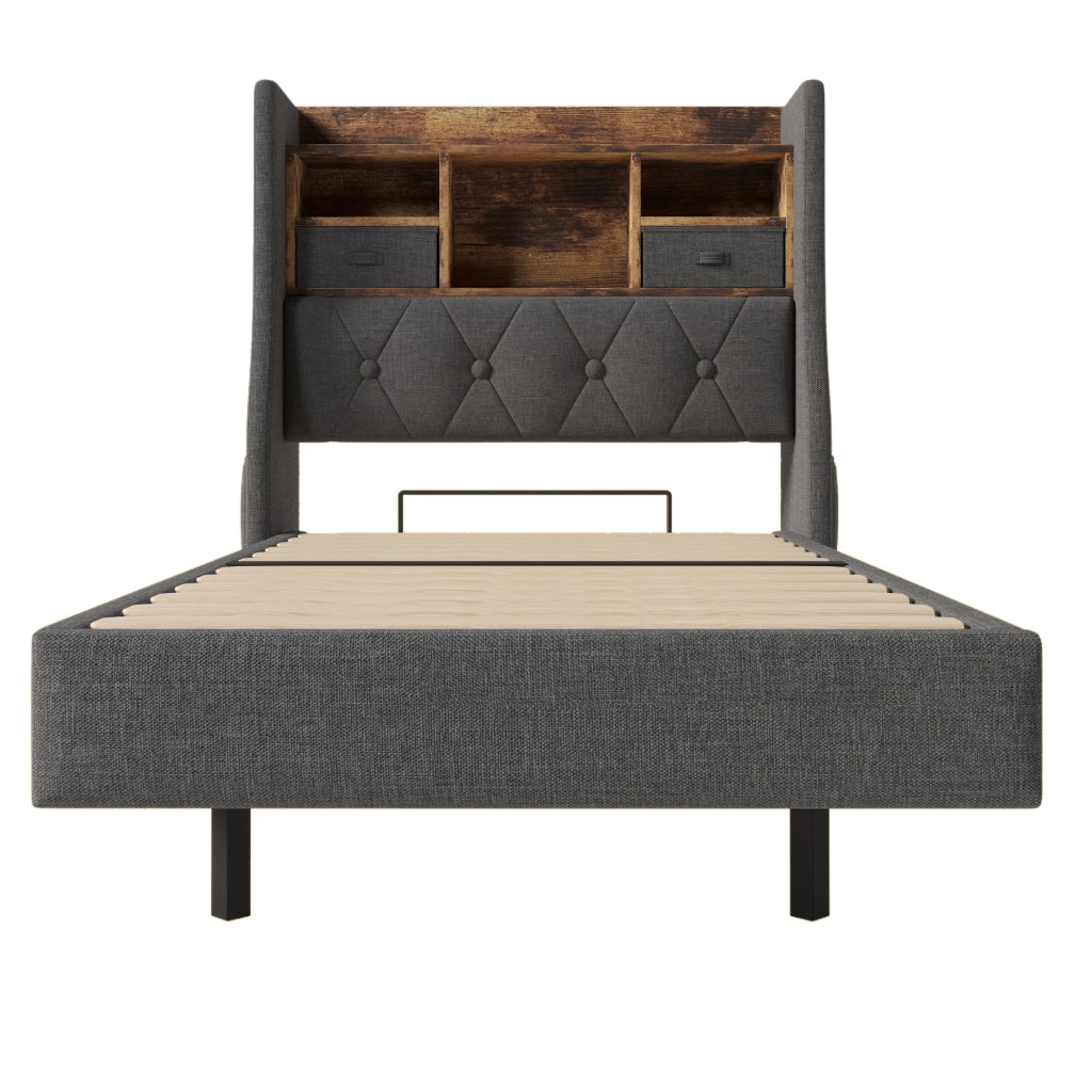 Letto singolo 90 × 200 cm 1 posto con LED regolabile; testiera contenitore; 3 USB e Type-C; senza materasso; grigio