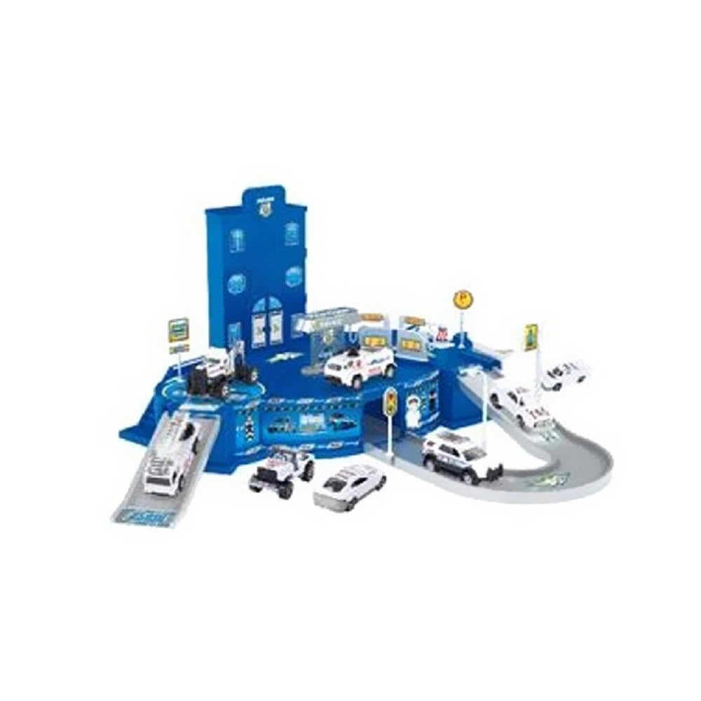 Trade Shop - Playset Stazione Forze Dell'ordine Con Rampe Pitstop 3 Macchinine 1 Elicottero -