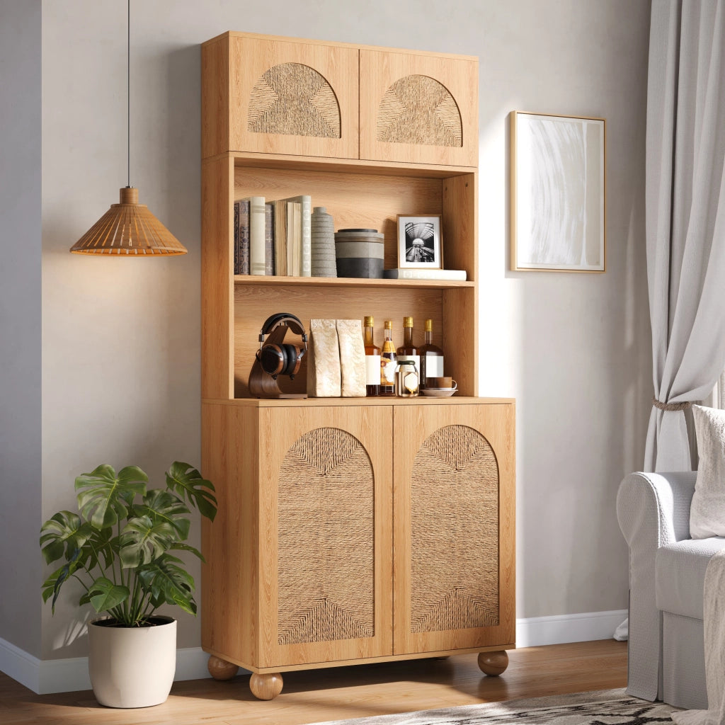 Mobile contenitore a tre sezioni con ante in intreccio ad arco e ripiano regolabile naturale 80 × 40 × 180 cm