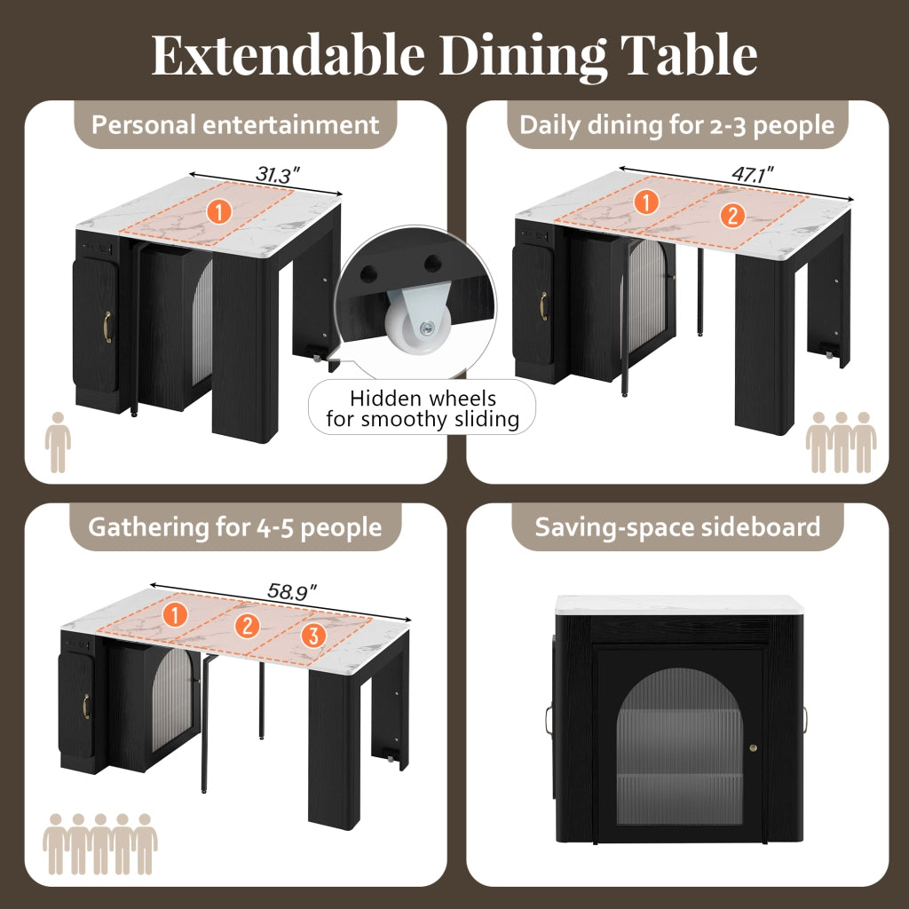 Tavolo allungabile per cucina e sala da pranzo con tre piani estraibili ruote nascoste LED e prese USB Type-C bianco e nero