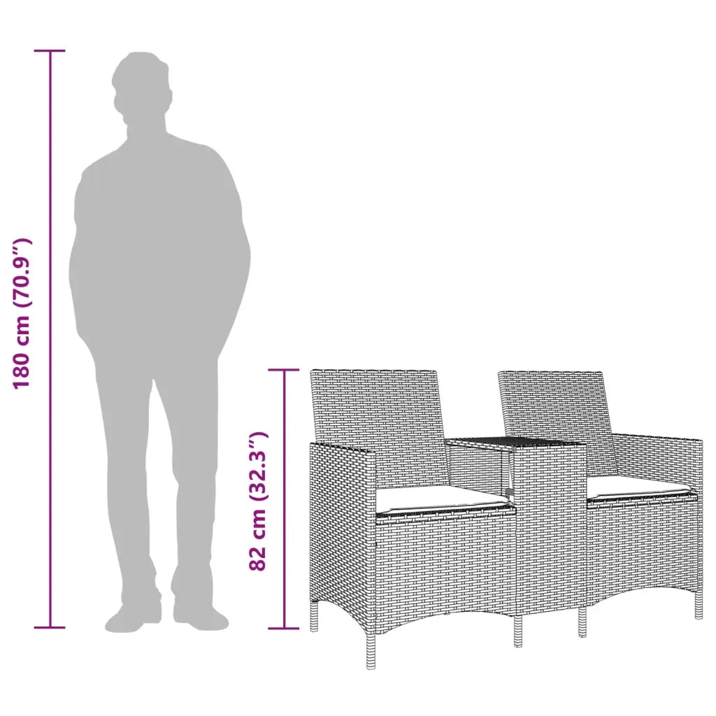 Divano a 2 Posti con Tavolo e Cuscini-Sofa 2 Posti Marrone in Polyrattan