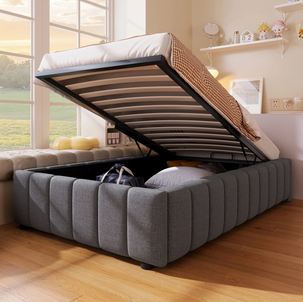 Letto imbottito 90 × 200 cm con contenitore idraulico; senza testiera né materasso; grigio