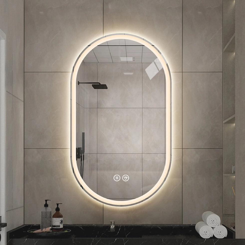Specchio Bagno Ovale Senza Cornice 60x90 cm con LED e Funzione Antinebbia, Touch Screen