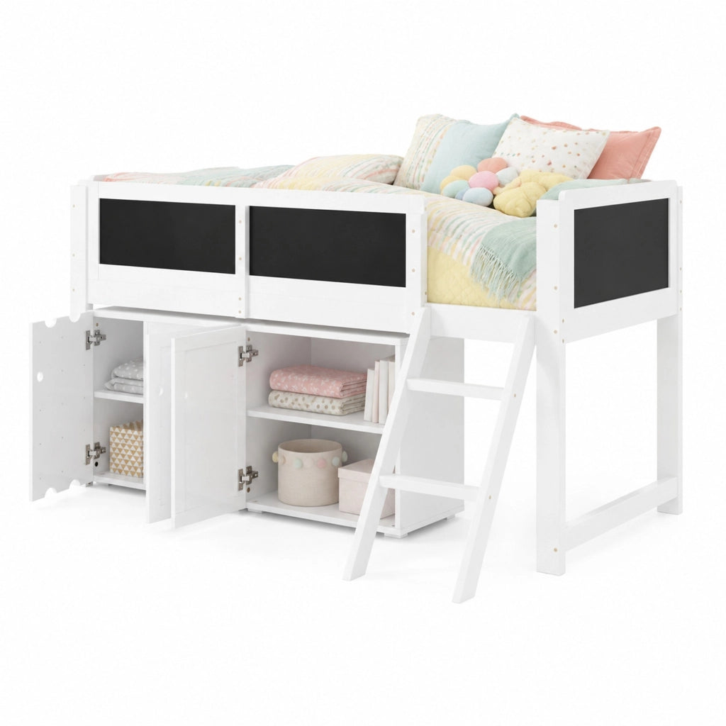 Letto a soppalco bambini 90x200 cm con armadio e lavagna