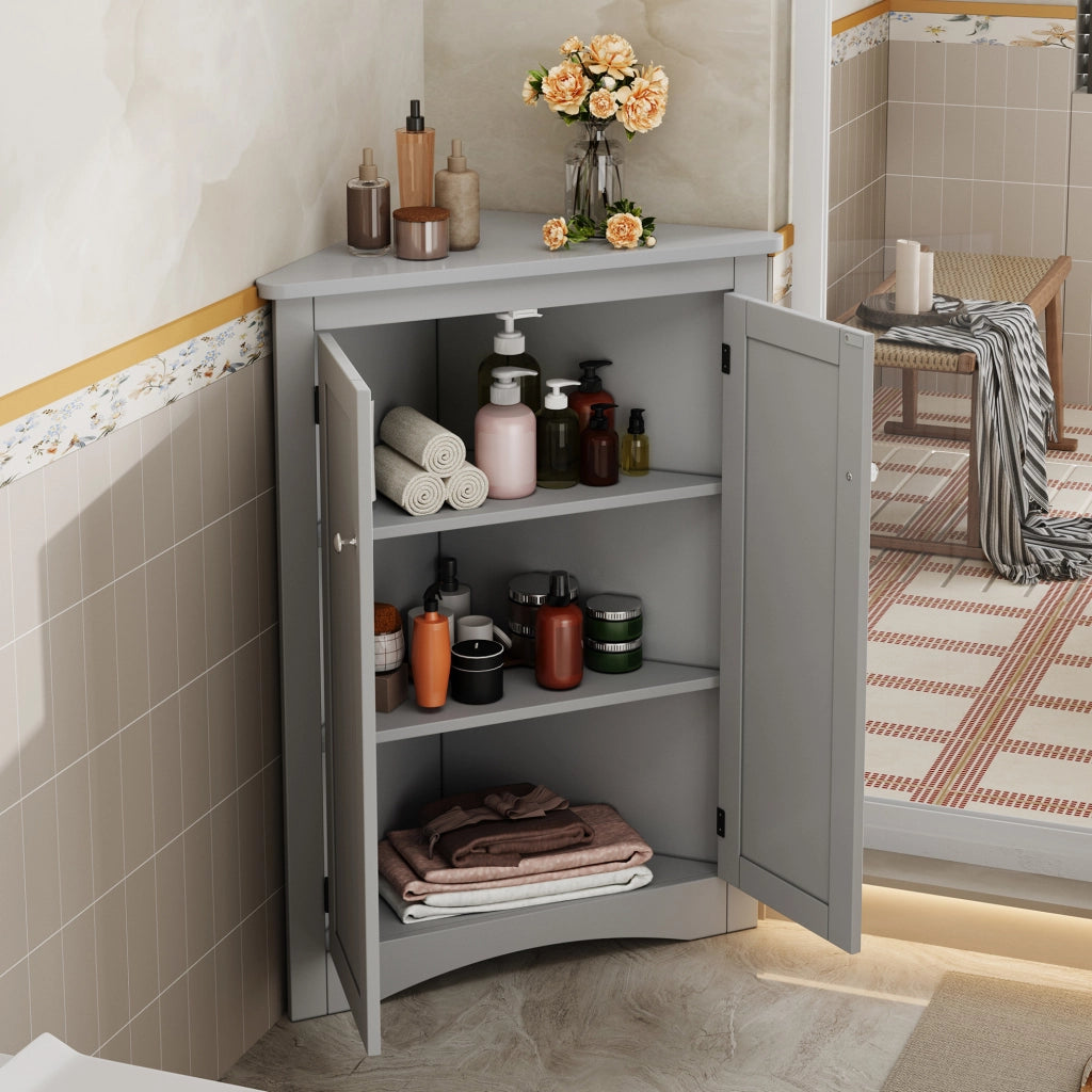 Armadio angolare grigio per bagno in MDF con 2 ante e 3 ripiani, 61,5 x 80 cm