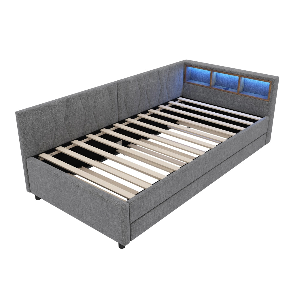 Letto singolo 90x200 cm con secondo letto estraibile; LED; USB e tipo C; lino e MDF; beige