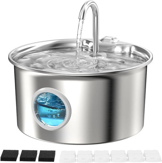 Fonteino per gatti in acciaio inox con capacità 2,6L - fonteino per gatti con vetrino livello acqua e illuminazione LED - offerta con 6 filtri attivi e 3 spugne