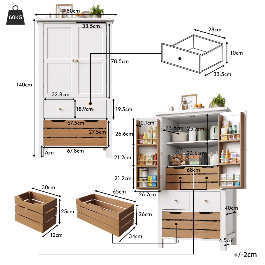 Mobile colonna da cucina con due ante; cinque cassetti e ripiani fissi in MDF e PB bianco 80 × 40 × 140 cm