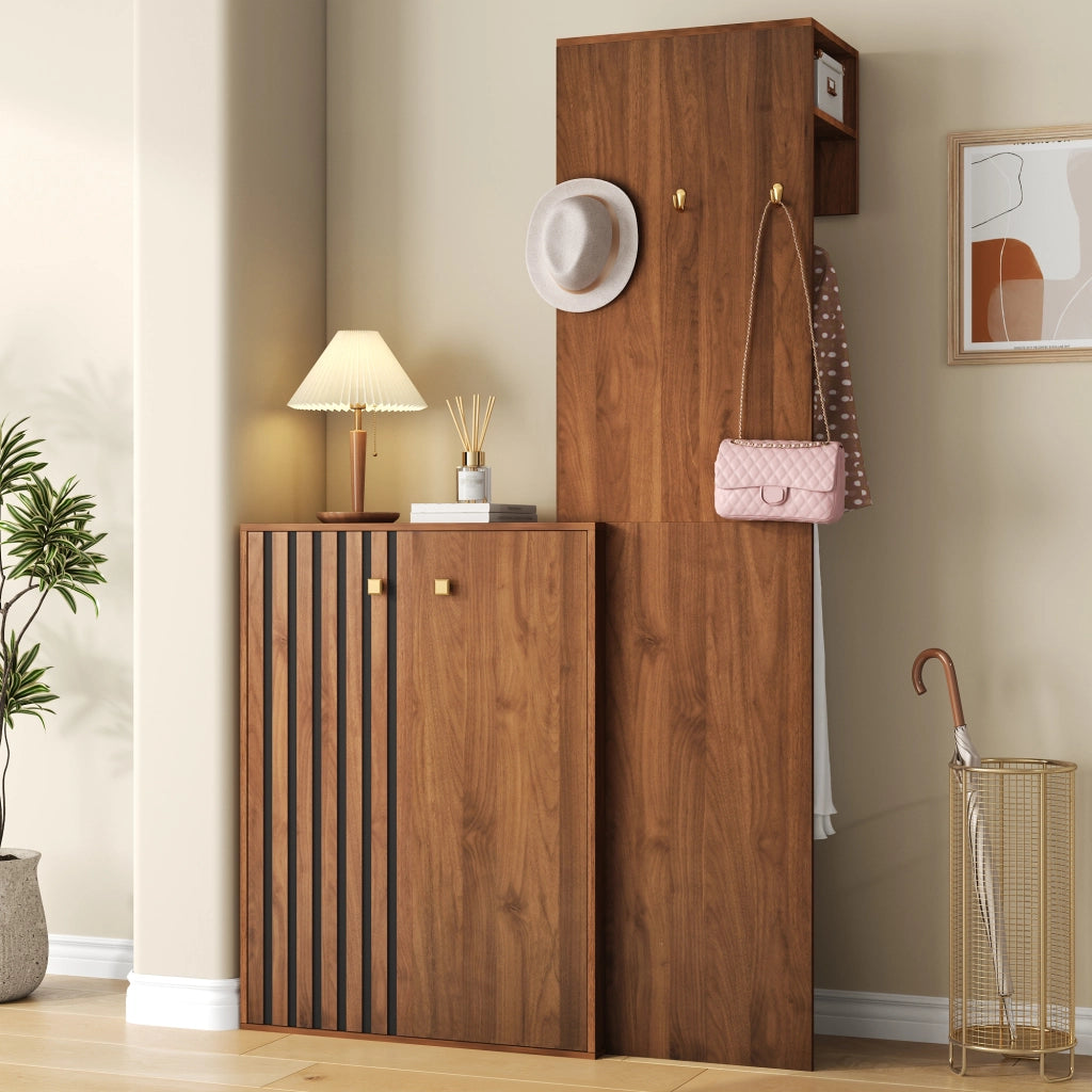 Set mobili da ingresso con scarpiera, appendiabiti in MDF noce