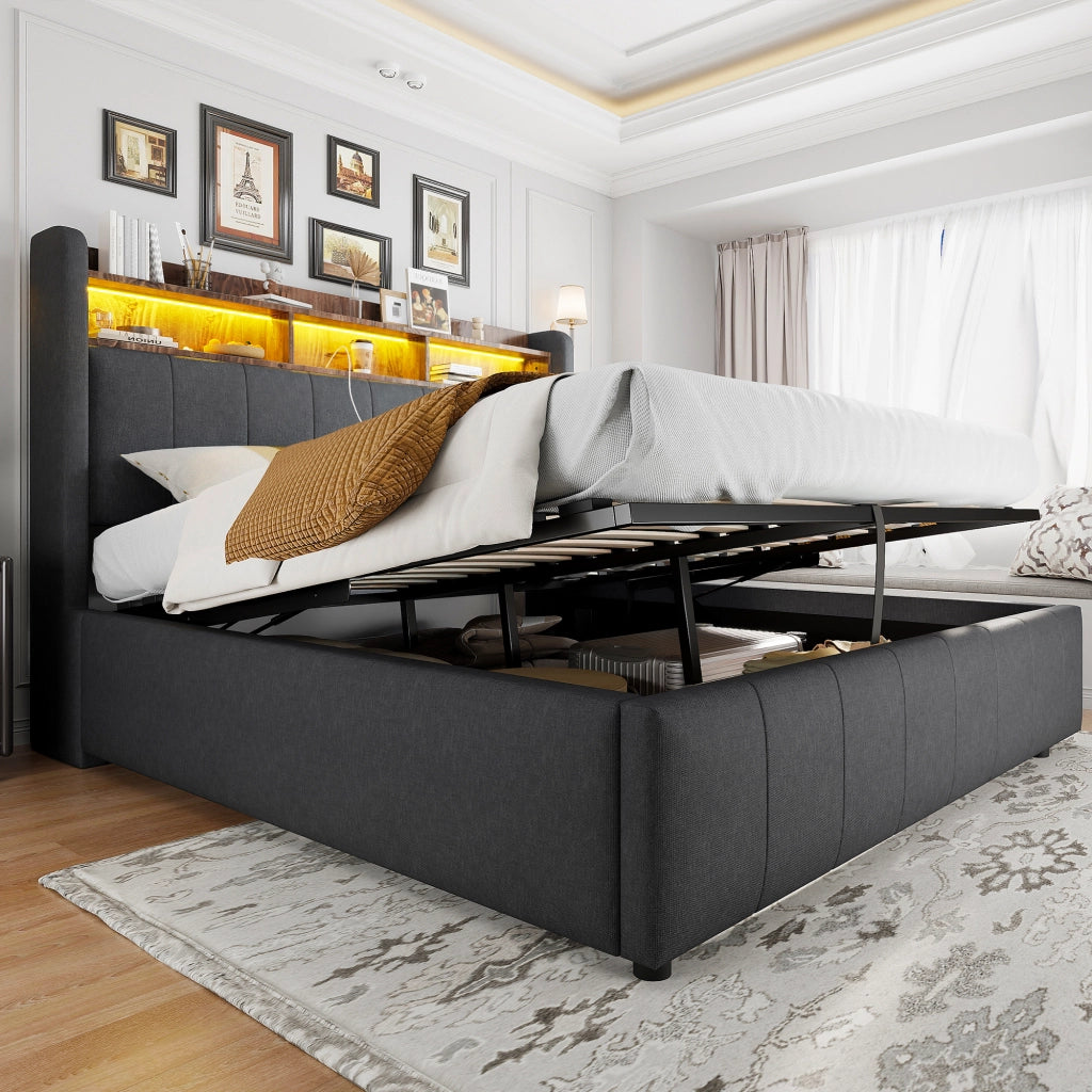 Letto contenitore 160 × 200 cm imbottito con LED USB e Type-C testiera con ripiani in tessuto grigio