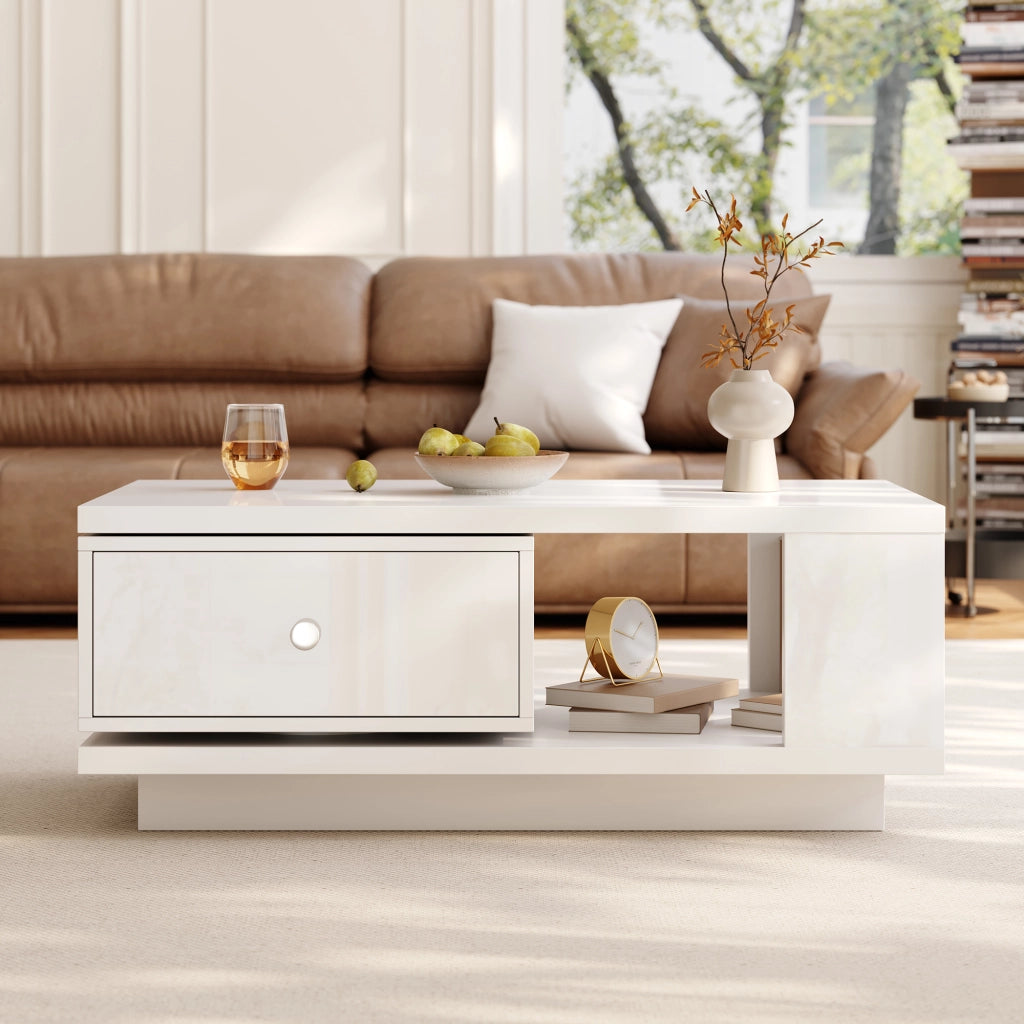 Tavolino da salotto con cassetto girevole e vano aperto, bianco lucido, in MDF e truciolare, 90 × 48 × 35 cm