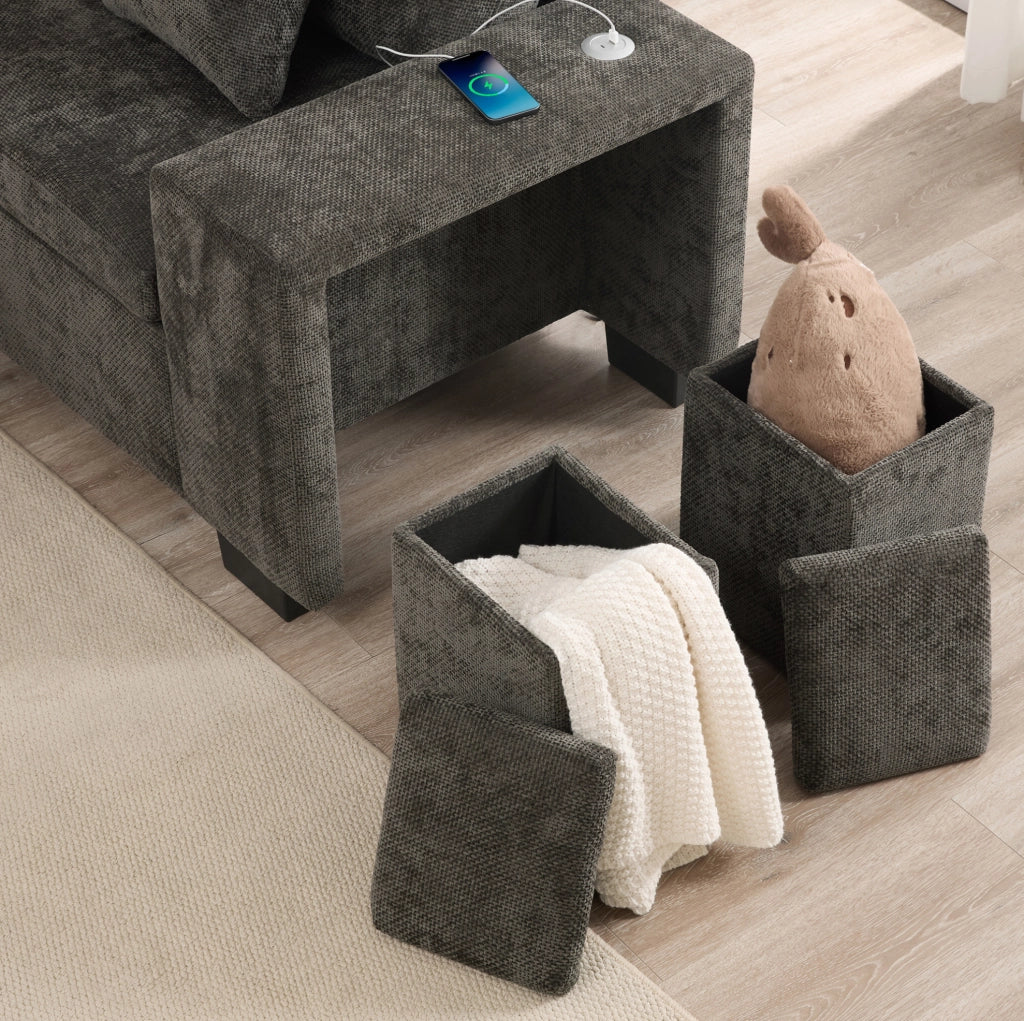 Divano angolare letto L, 5 posti con pouf contenitore, tessuto chenille grigio, USB e USB-C, braccioli larghi, con cuscini inclusi