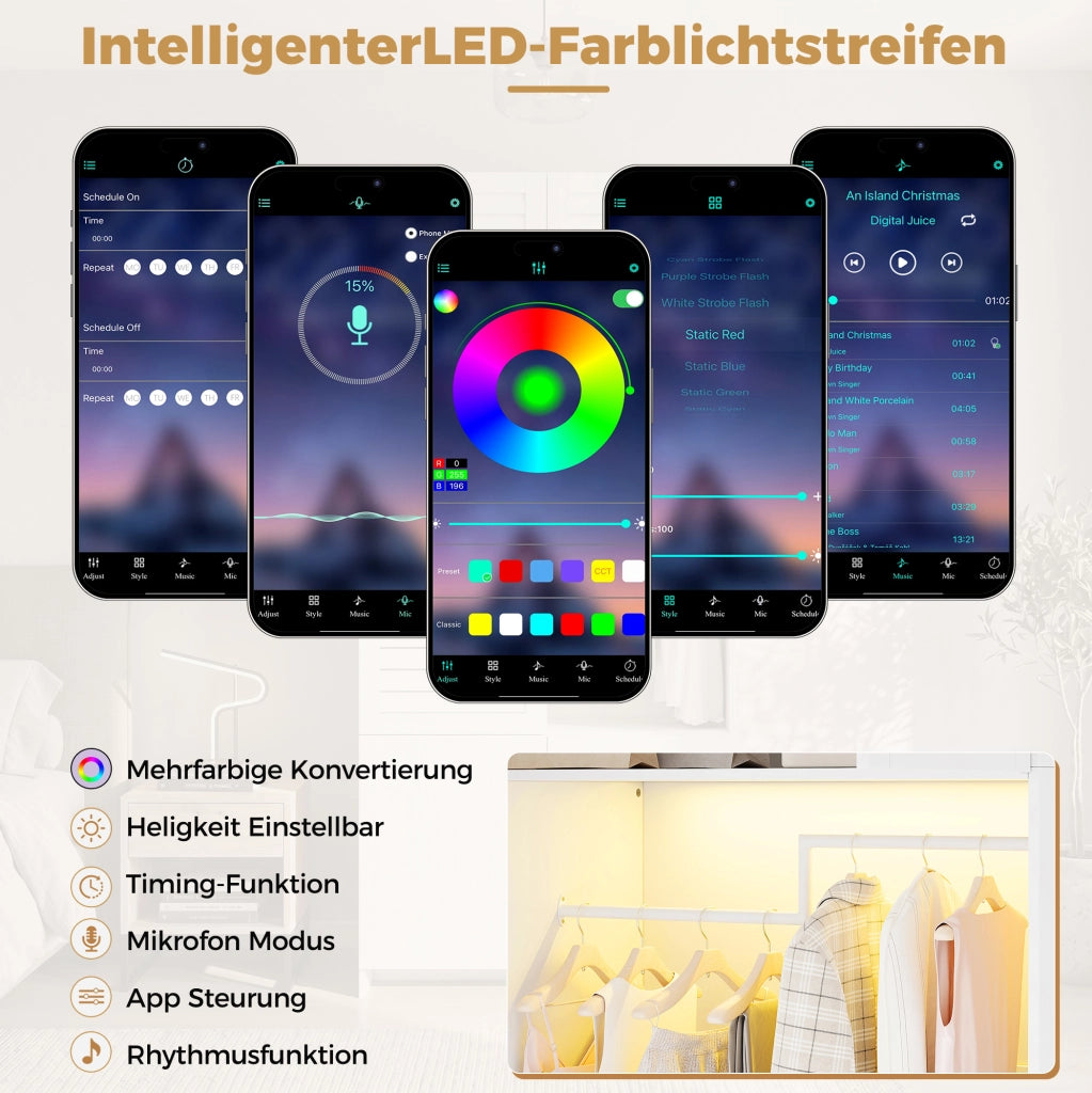 Armadio bianco multifunzione con 2 bastoni appendiabiti, 6 cassetti, cesta portabiancheria e illuminazione LED, 180x50x200 cm