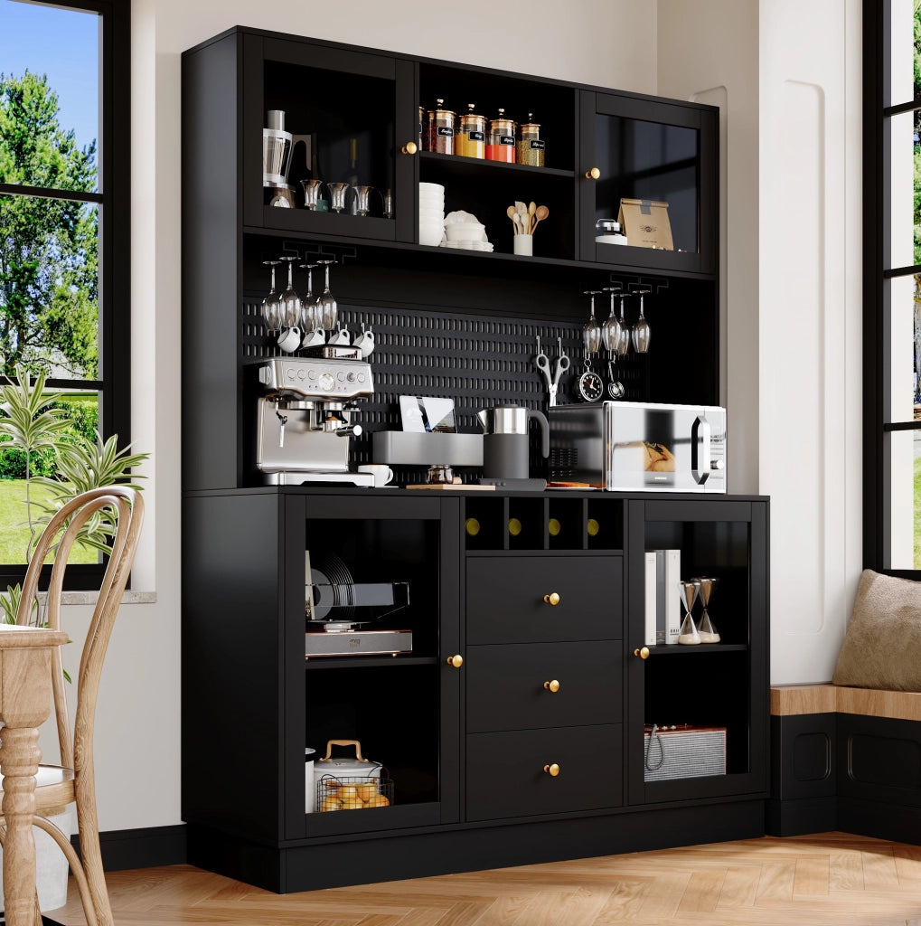 Credenza alta 140x40x185,7 cm in MDF nero con LED e contenitore