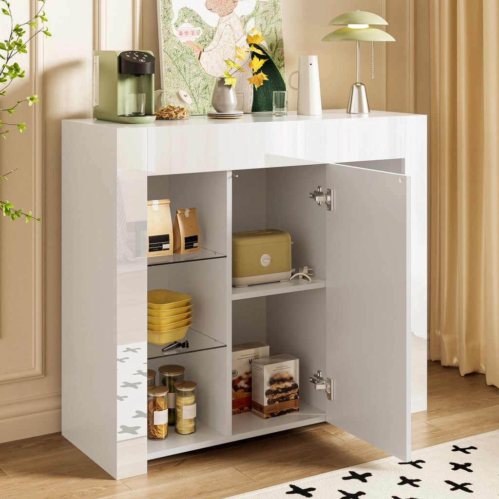 Credenza bianca compatta con frontale lucido e ripiani in vetro per soggiorno o cucina 95 × 35 × 83 cm