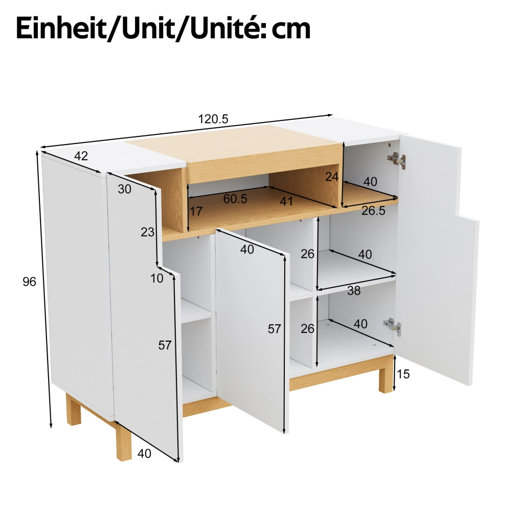 Sideboard bianco con tre porte e ripiano aperto, 120,5x42x96 cm, design moderno per soggiorno e sala da pranzo