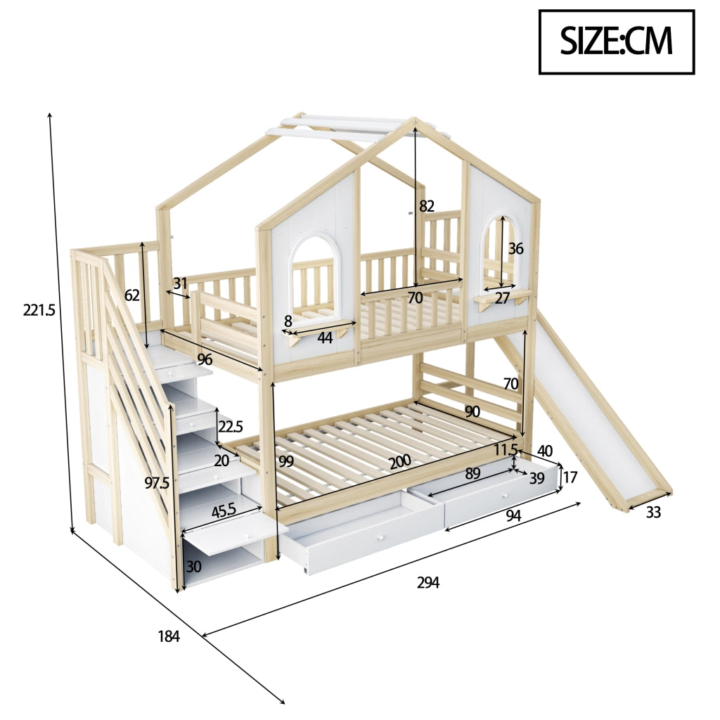Letto a castello per bambini 90 × 200 cm 2 posti; con scivolo; scala contenitore e cassetti; senza materasso
