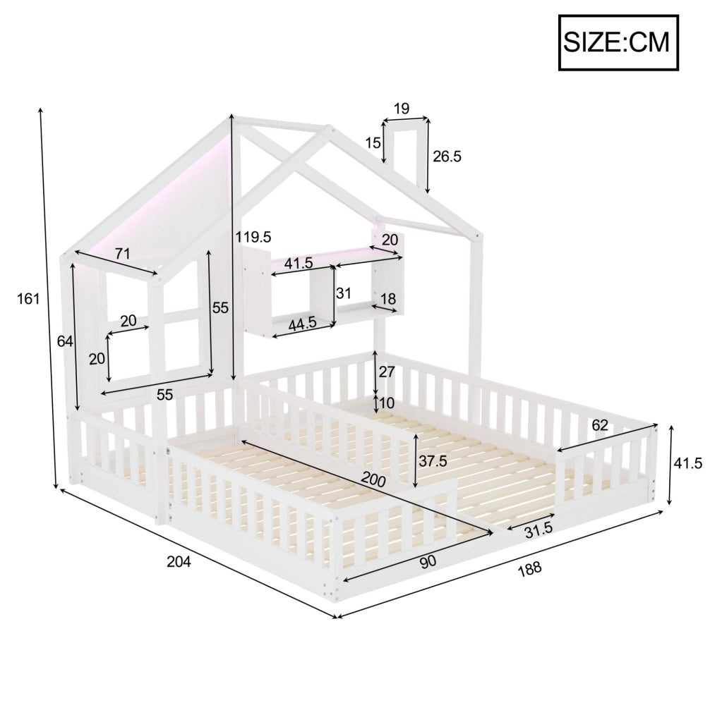 Letto doppio per bambini 2 posti 90x200 cm a casetta con LED; ripiani e sponde bianco HOMVRA