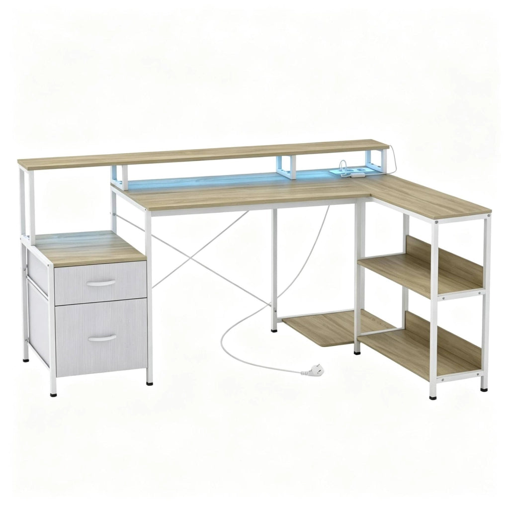 Scrivania angolare bianca con LED RGB, prese e 2 cassetti