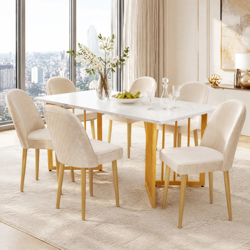 Set di 6 sedie da pranzo in velluto beige con gambe in metallo dorato; 45;5x62x87;5 cm