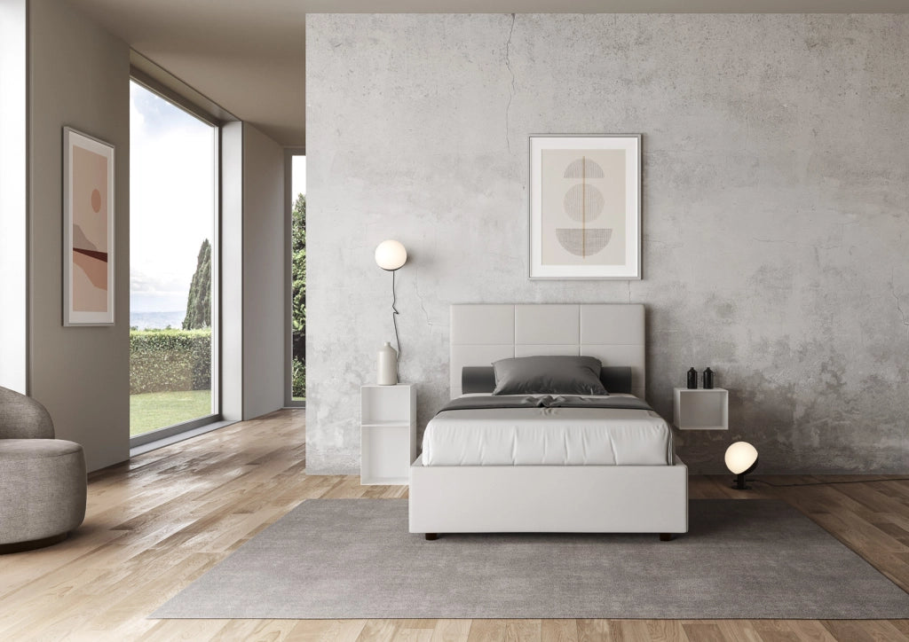 BS COM Letto una piazza e mezza con rete imbottito 130x210 similpelle bianco