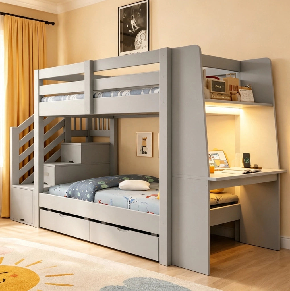Letto a castello 90x200 cm in legno grigio con scrivania; libreria; LED e cassetti