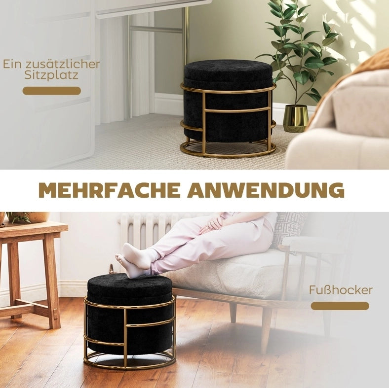 Pouf contenitore imbottito in velluto nero con struttura in metallo dorato, Ø42x39 cm