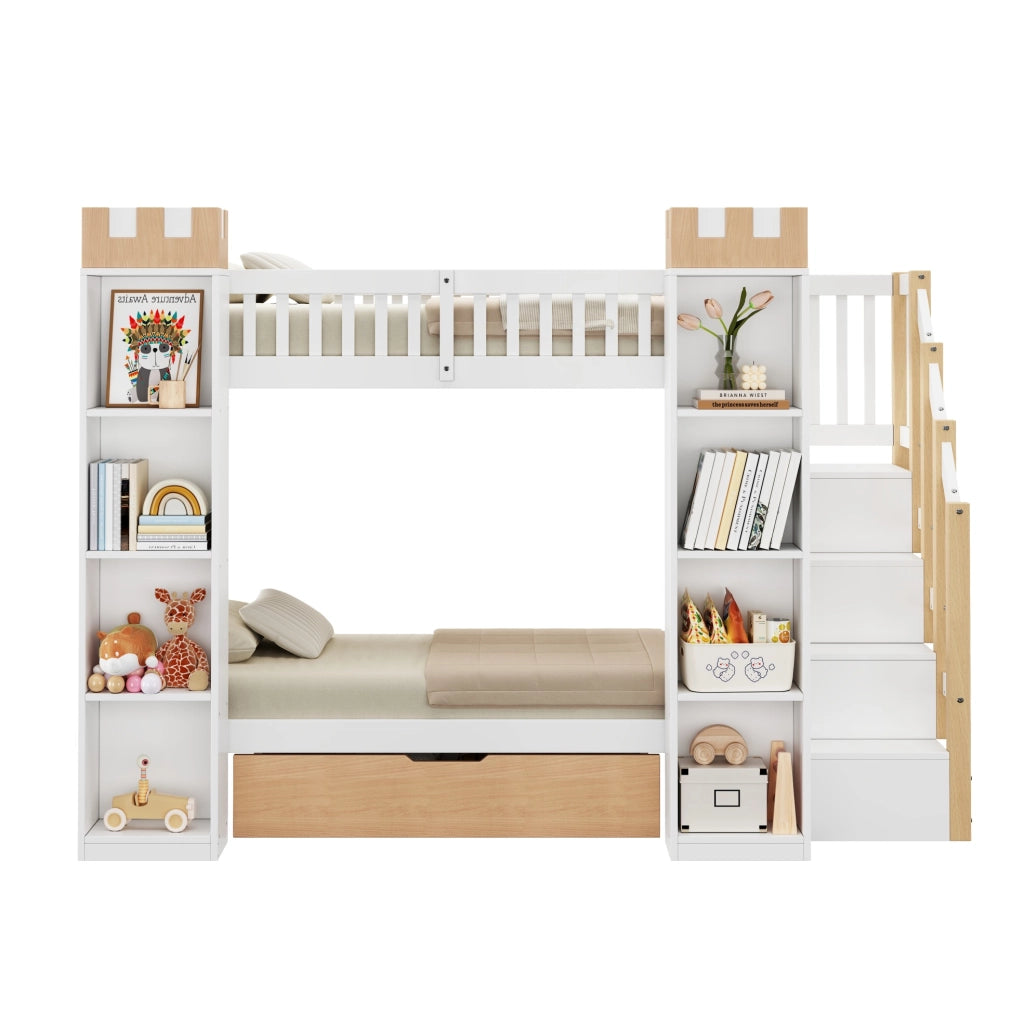 LETTO a Castello 90x200 cm Bianco in Pino con Scala Contenitore e Cassetti