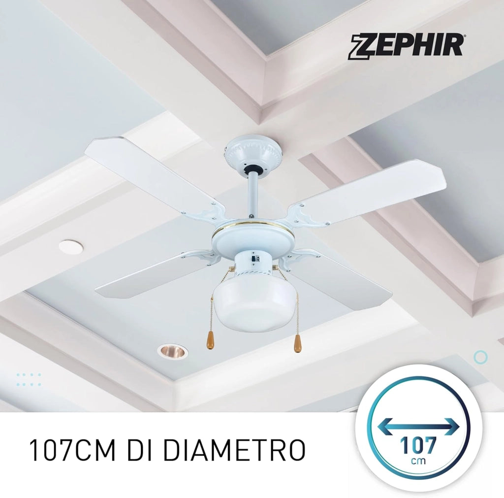 Ventilatore a Soffitto ZEPHIR 4 Pale 107 cm con Luce E27 60W, 3 Velocità, Reversibile, Comando a Cordicella, Design in Legno e Paglia di Vienna Effetto Rattan Bianco 70W Metallo e Legno