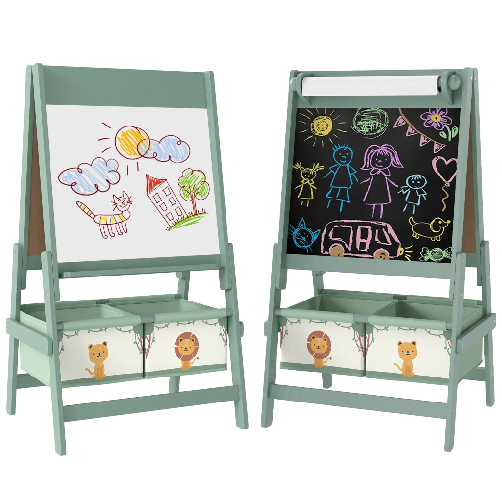 Lavagna per Bambini 3 in 1 con Cavalletto, Rotolo di Carta e 2 Cestelli, in Legno, 54x46x94 cm, Verde