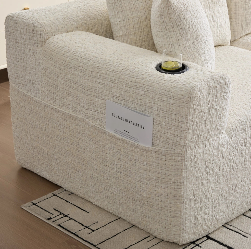 Divano angolare modulare in ciniglia beige con tasche laterali HOMVRA