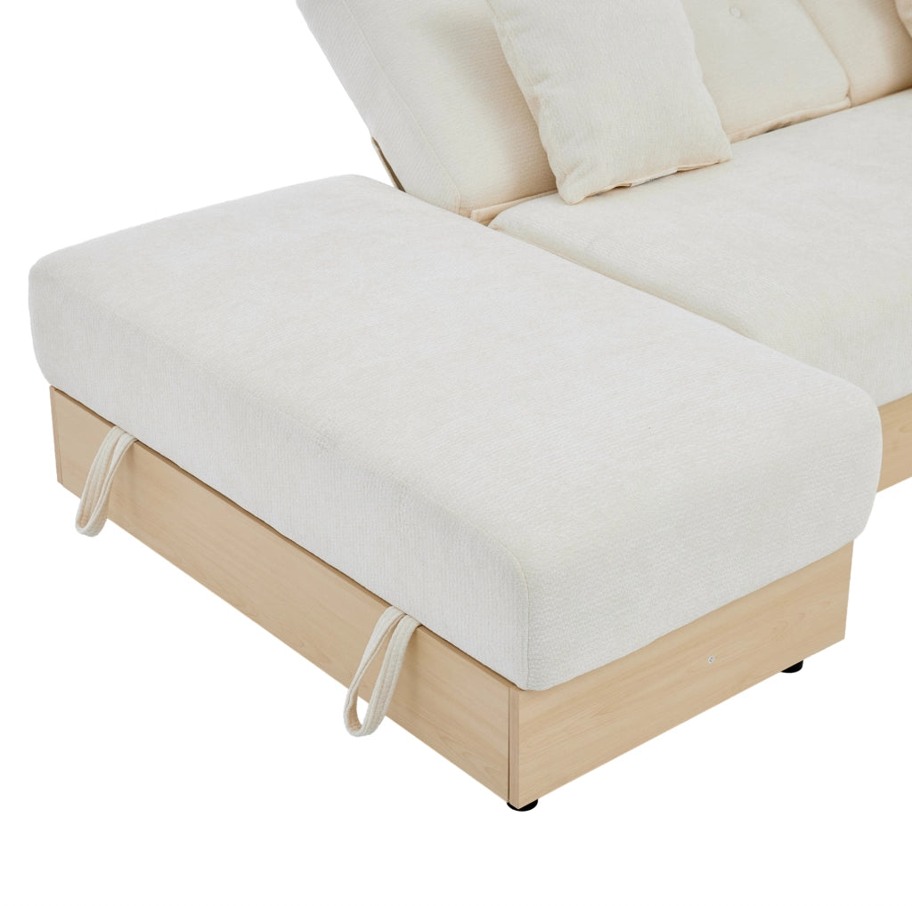Divano letto 217x110x90 cm con contenitore e cassetti in chenille beige