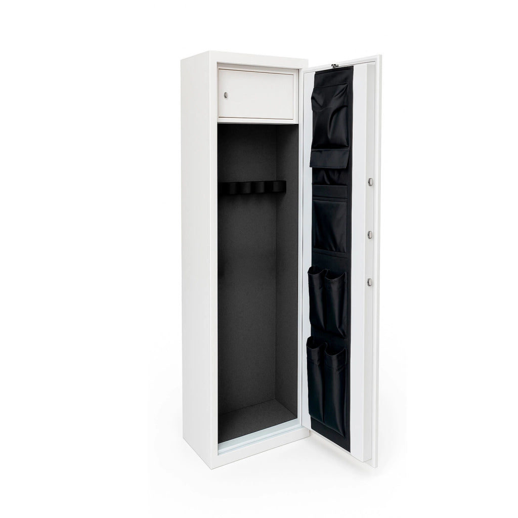 Armadio Blindato Portafucili Per Armi In Acciaio Con Serratura Digitale E Chiave Cassaforte Sicura Tesoretto Tasca Porta Oggetti Fuciliera 3 Posti 148x30x25 Cm Bianco Frassinato