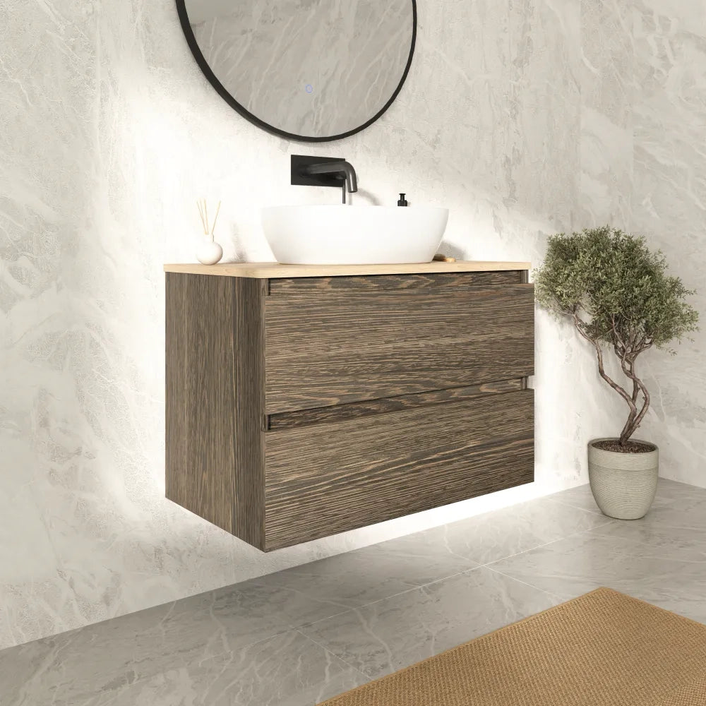 Mobile bagno sospeso 100cm due cassetti rovere scuro con top rovere chiaro | Hexa