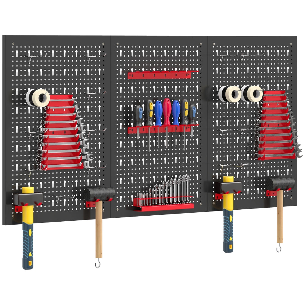 Pannello Forato da Parete Porta Attrezzi 60 x 40 cm con 28 Pezzi Contenitori e Ganci, Organizer per Officina e Garage, Nero e Rosso