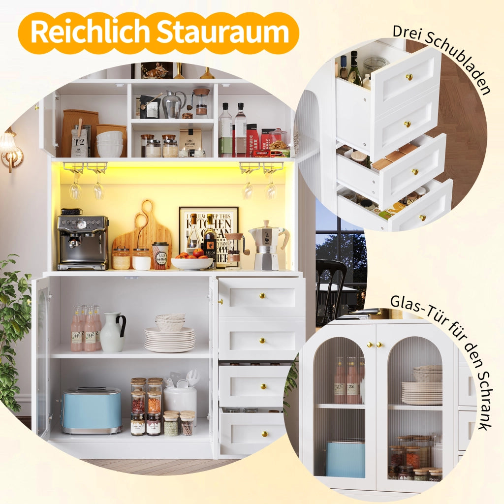 Credenza da cucina con vani; cassetti e ripiani interni; MDF bianco; ante in vetro scanalato e LED 120 × 40 × 188 cm