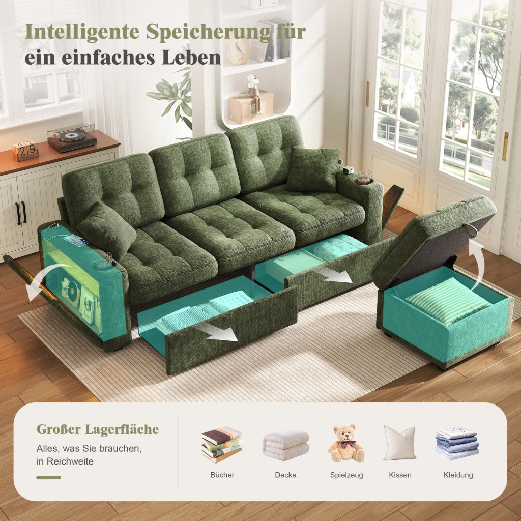 Divano multifunzionale 194;5x133x83 cm con USB-C; illuminazione LED; portabicchieri; portaoggetti e cassetti 2; pouf integrato; ciniglia; verde