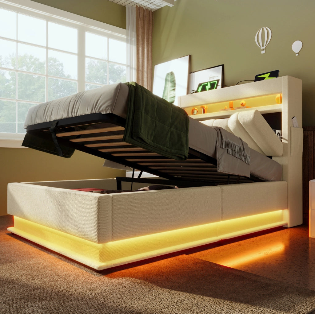 Letto singolo 90x200 cm con LED, ricarica USB e ampio spazio contenitivo