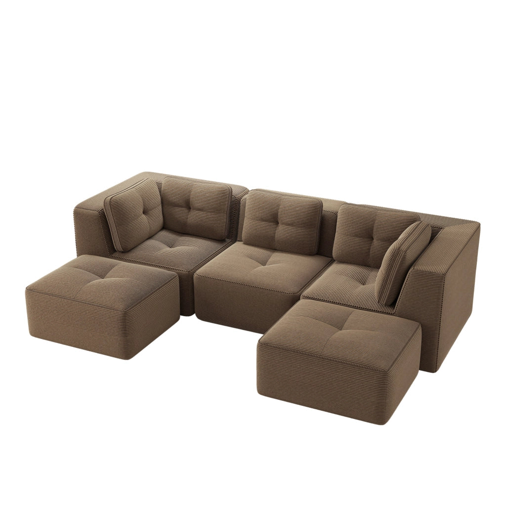 Divano modulare 297x177x69 cm in velluto a coste marrone con ottomana