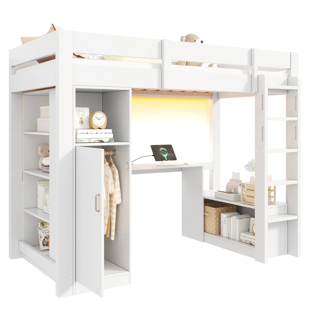 Letto a soppalco 90x200 con scrivania integrata; armadio e LED; bianco