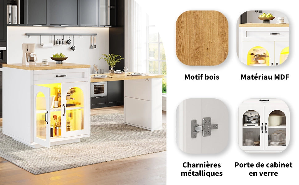 Mobile base da cucina con piano allungabile LED RGB 2 cassetti ante in vetro MDF bianco