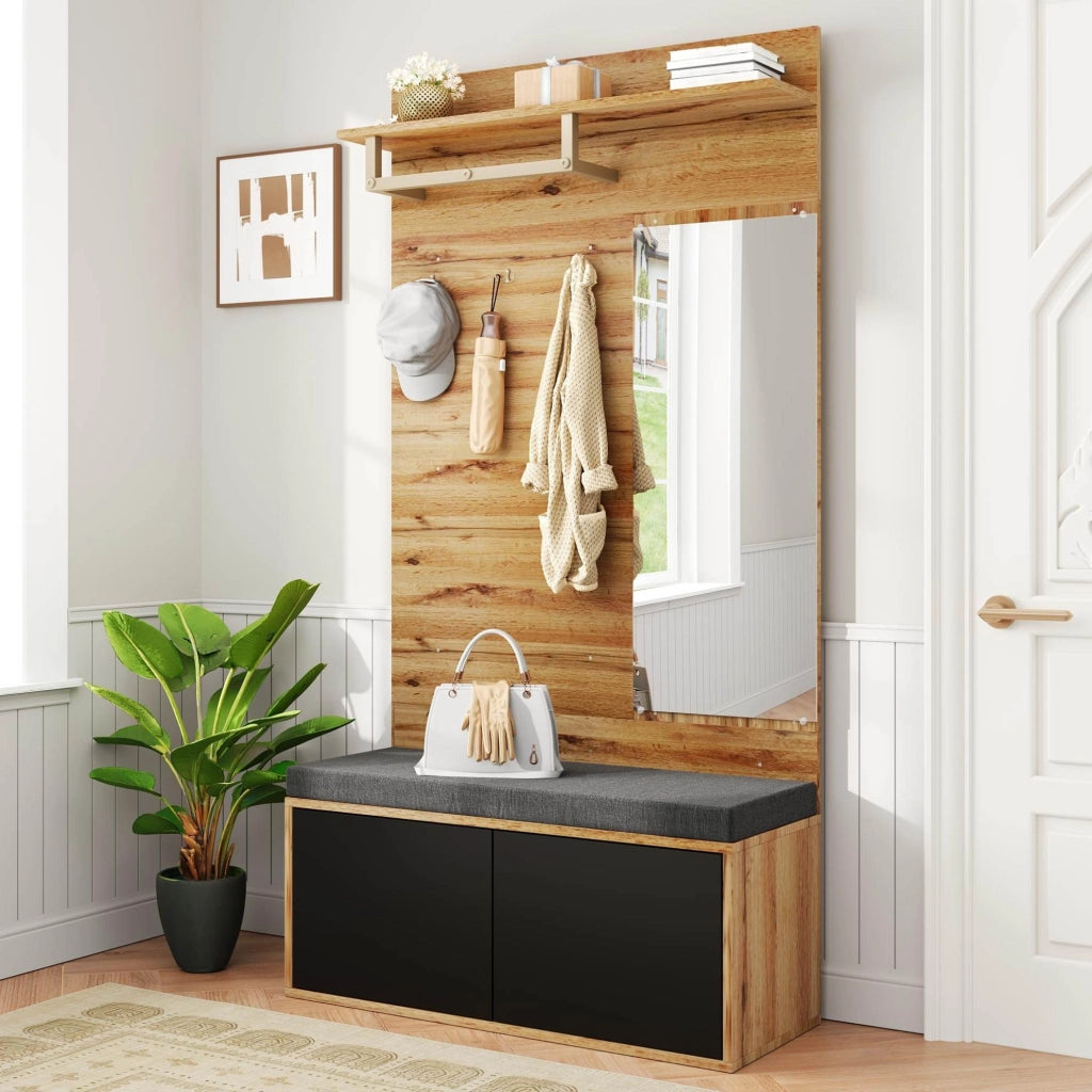 Guardaroba compatto da ingresso nero e legno con specchio