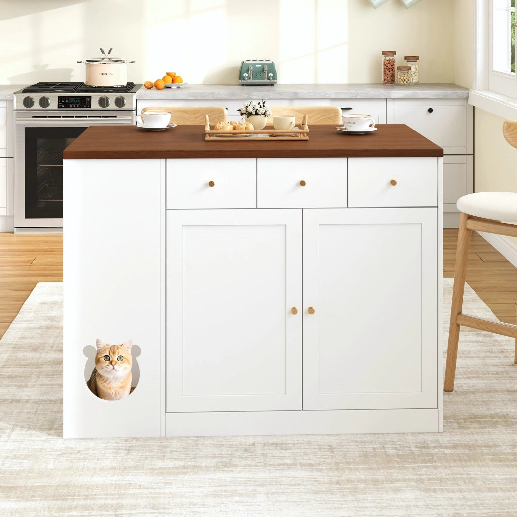 Mobile base da cucina con piano estraibile; 3 cassetti; portaspezie e area pappa per gatto in MDF bianco noce