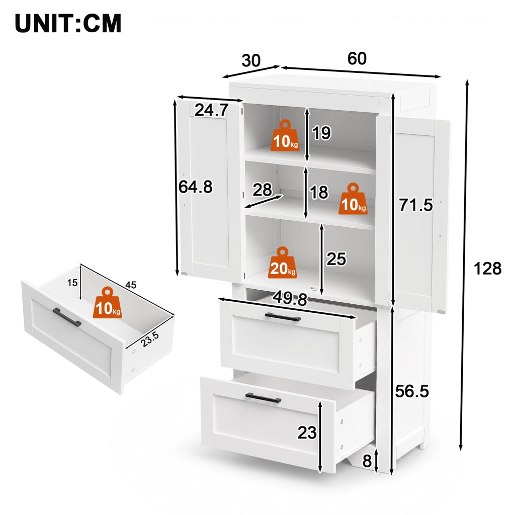 Credenza cucina alta con 2 cassetti e ripiani regolabili, classica, per cucina e soggiorno, bianca, 60 × 30 × 128 cm