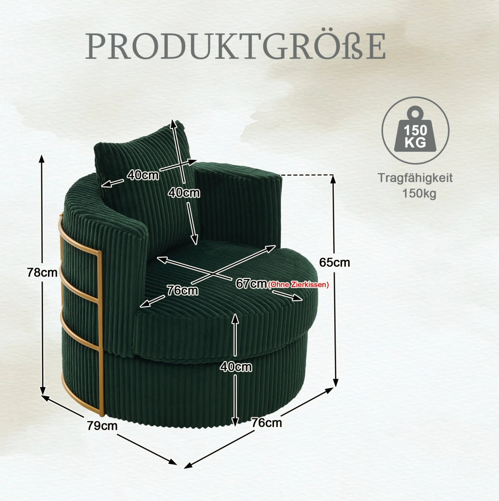 Poltrona girevole 360 gradi 76x79x78 cm verde smeraldo in velluto a coste con vano portaoggetti